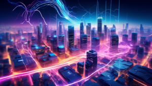 Create an image that captures the extraordinary speed and connectivity of 5G technology. Depict a vibrant cityscape with lightning-fast data transfer, seam