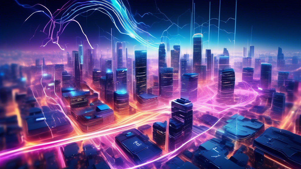 Create an image that captures the extraordinary speed and connectivity of 5G technology. Depict a vibrant cityscape with lightning-fast data transfer, seam