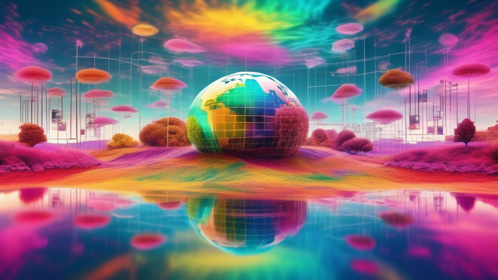 Surreal composite image of colorful digital world and serene landscapes to highlight data security in the digital realm.