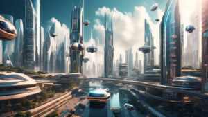 A futuristic cityscape with towering skyscrapers, flying cars, and advanced technology, symbolizing constant innovation in the digital age.