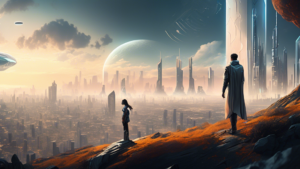 A futuristic landscape with a towering cityscape in the distance and a group of people standing on a hilltop, looking towards the future with hope and dete