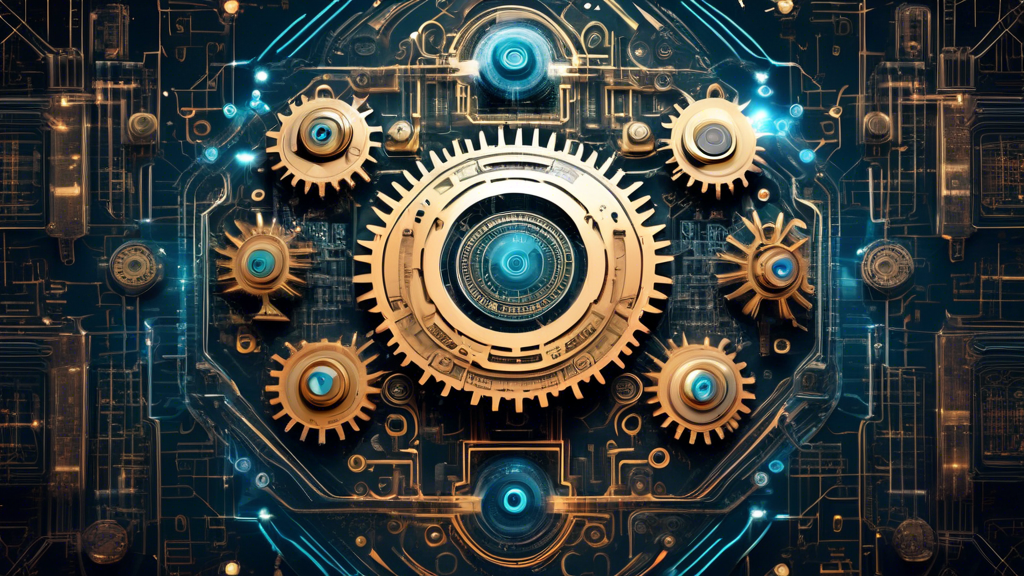 Futuristic gears and circuits forming an intelligent machine in the center of a grid system representing technological advancement and the impact of AI on